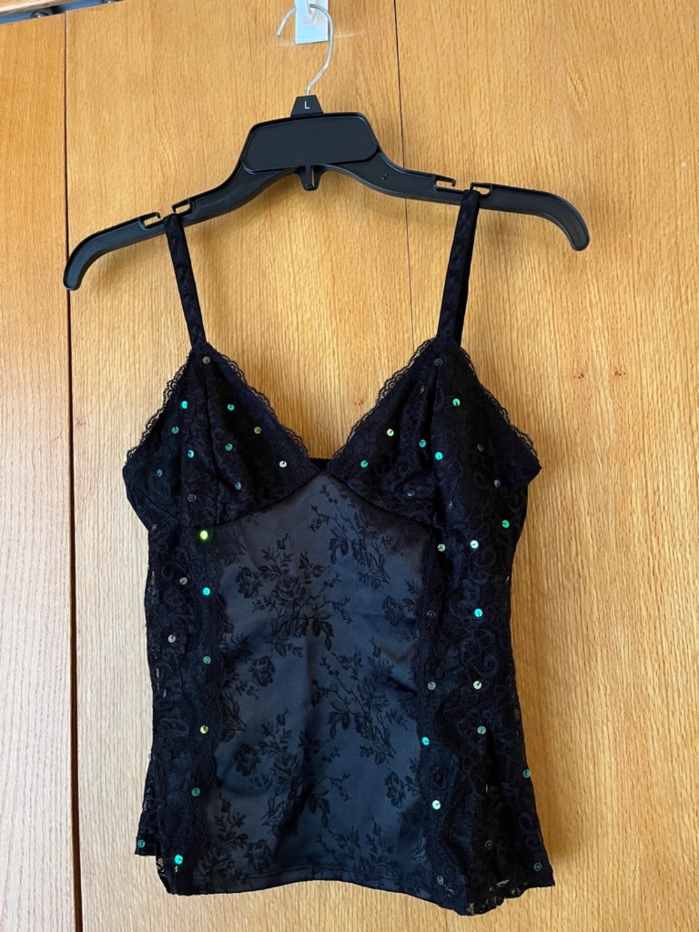 Vintage black Satin sequin sheer lace stretch camisole tank lingerie top LARGE